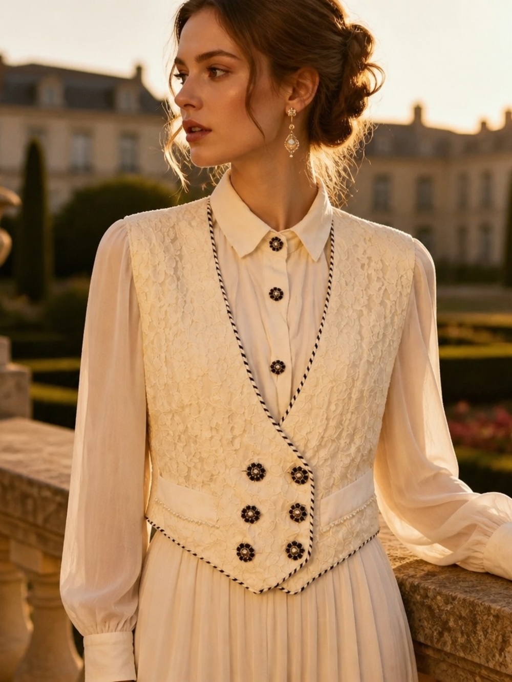 Clara Cream Lace Vest with Contrasting Black-Trim
